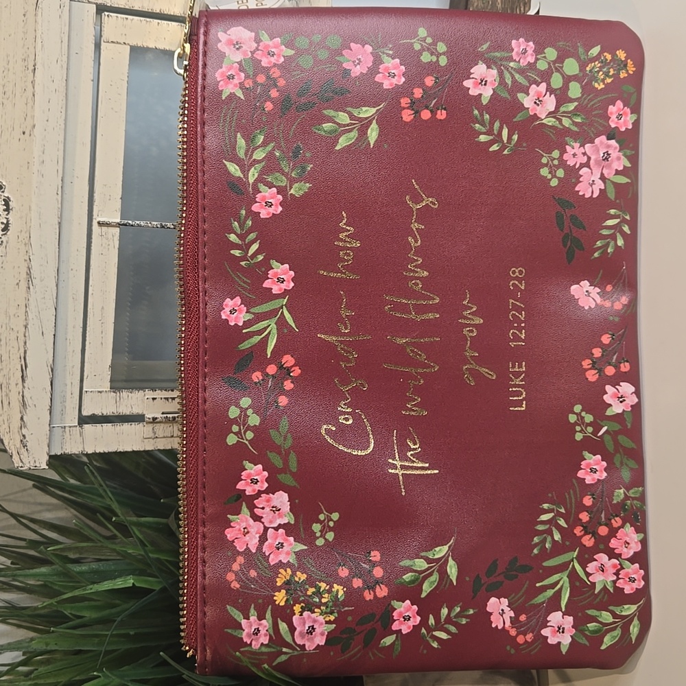 Bible Verse Floral Burgundy Zip Pouch – "Consider how the wild flowers grow"